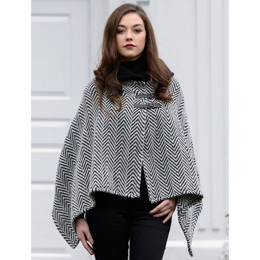 John Branigan Handmade In Ireland Wool Poncho Shawl Black White Chevron new $179